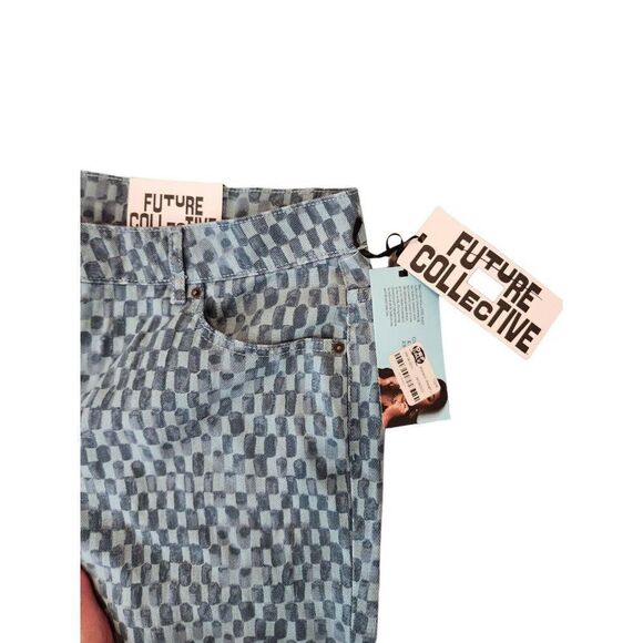 New Y2K Future Collective Gabriella Karefa Johnson Blue Check Wide Leg Jeans 14 - Picture 2 of 8